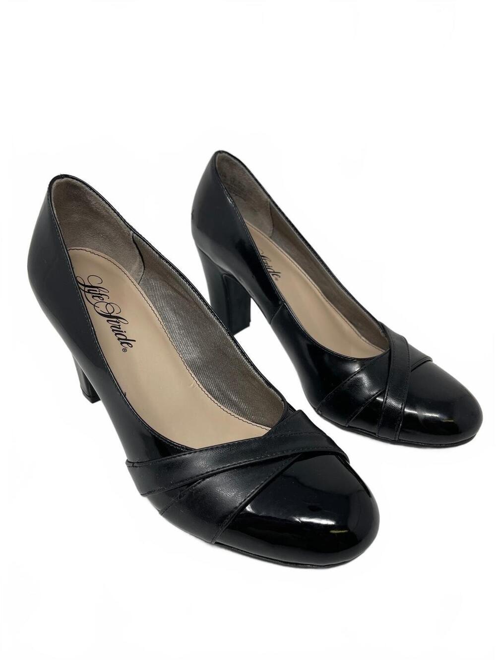 LifeStride Womens Black Patent Leather Criss Cross Round Toe Block Heel Pumps